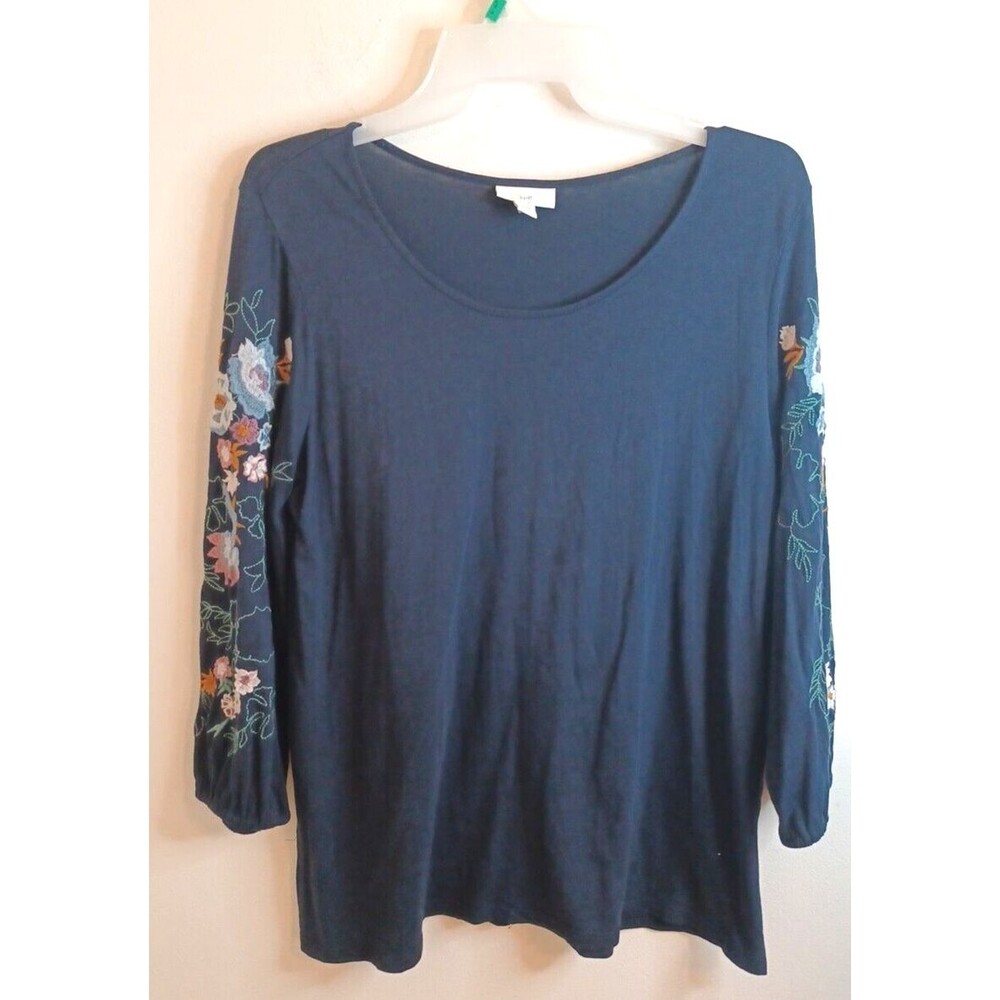 J. Jill Pullover Top Blouse SP Navy Blue Floral Embroidered Sleeves Boho Peasant